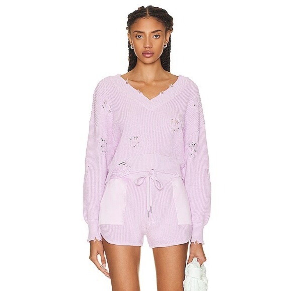 SER.O.YA Syd Distressed V-Neck Cotton Sweater Lavender Size M